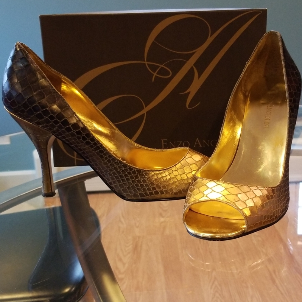 Grey and gold heels